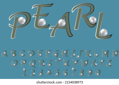 Vector illustration of alphabet letters and numbers. Curly letters and numbers with pearls. Vector graphics.