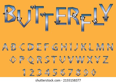 Ilustración vectorial de letras y números. Letras y números de gradiente azul con mariposas negras. Gráficos vectoriales.