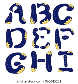 Vector illustration of alphabet letters with yellow flowers and stars. Isolated on white background. Doodles.