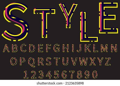 Vector illustration of the alphabet and numbers. Blue letters and numbers with a yellow outline.