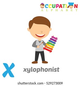 Vector Illustration of alphabet occupation. Letter X for Xylophonist