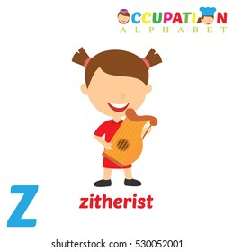 Vector Illustration of alphabet occupation. Z letter for Zitherist