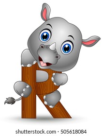 Vector illustration of Alphabet R with Rhino cartoon 