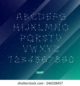 Vector illustration of the alphabet . Set of letters . Font of the constellations . The night sky. Abstract background.