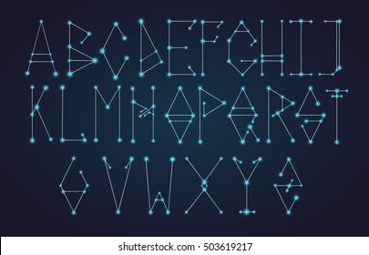 Vector illustration of the alphabet . Set of letters. Font of the constellations. The night blue stars sky.