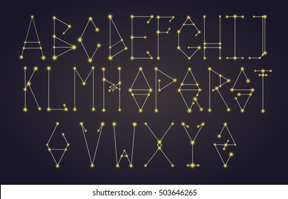 Vector illustration of the alphabet . Set of letters. Font of the constellations. The night stars yellow sky.