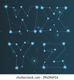 Vector illustration of the alphabet WXYZ . Set of letters . Font of the constellations . Abstract background. The night sky. 