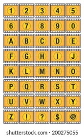 Vector illustration of alphabets and numbers on yellow film strip.