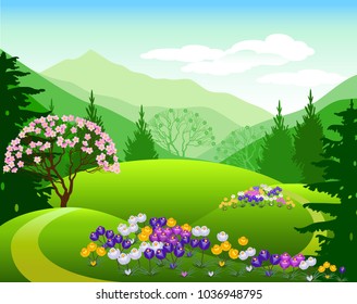 Vector Illustration. Alpine meadows. Spring landscape.
