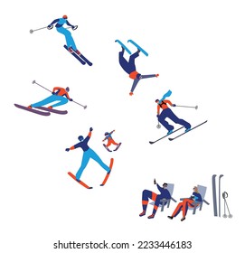 Vector illustration of Alpine Skiing, winter sport. Characters set of simple comic drawing.