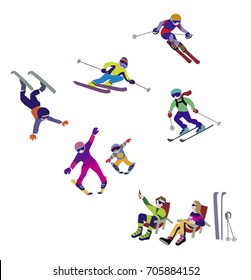 Vector illustration of Alpine Skiing, winter sport. Characters set of vector simple comic drawing.