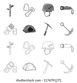Vector illustration of alpinism and peak sign. Set of alpinism and camp stock vector illustration.