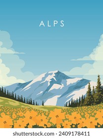 Vector illustration. Alps, poster design, vertical banner. Tourism, travel.