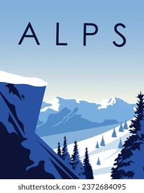 Vector illustration. Alps, ski resort, forest, mountains. Vertical poster, banner. Tourism, travel.