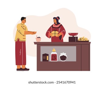 Vector illustration of an alternative Chinese medicine store with a young guy to customers looking for natural medicines from spices and herbs by a girl seller