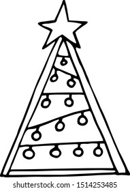 Vector illustration. Alternative Christmas tree, Doodle lines, black outline on white background.