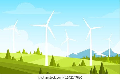 Vector illustration of alternative energy resource with rotation windmills, wind turbines, field, mountains, trees, forest and sky. Summer landscape and windmill elements as symbol of ecological power