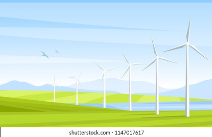 Vector illustration of alternative energy resource with rotation windmills, wind turbines, field, mountains, lake, beautiful sky. Summer landscape and windmill elements as symbol of ecological power.