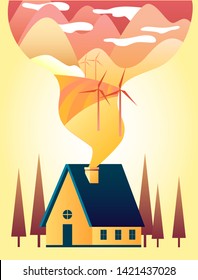 Vector illustration of alternative energy resource with rotation windmills, wind turbines, field, mountains, bush, sky, home. Traditional  house. Family home. Flat design vector concept