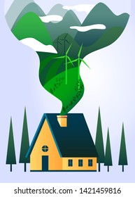 Vector illustration of alternative energy resource with rotation windmills, wind turbines, field, mountains, bush, sky, home. Traditional  house. Family home. Flat design vector concept