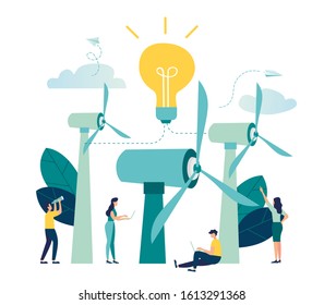 Vector illustration of an alternative energy resource with rotating windmills as a symbol of energy and the arrival of an idea.
