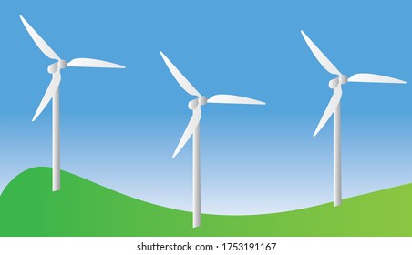 Vector Illustration of an Alternative Energy Resource with Rotation Windmills, Wind Turbines