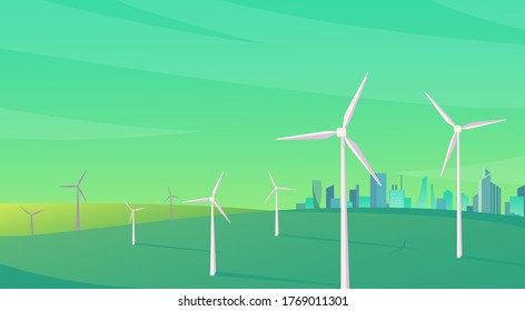 Vector illustration of alternative energy resource with rotation windmills, wind turbines, field, city, sky. Summer landscape and windmill elements as symbol of ecological power.