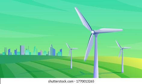 Vector illustration of alternative energy resource with rotation windmills, wind turbines, field, city, sky. Summer landscape and windmill elements as symbol of ecological power.