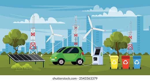 Vector illustration of alternative energy sources. Cartoon scene of beautiful landscape with solar panels, wind turbines, trash cans, electric car charging, trees, bushes, high-rise buildings, sky.