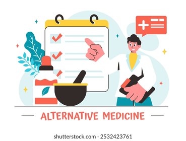 Vector Illustration of Alternative Medicine or Herbal Healing with Energy Therapies, Featuring Ginseng Root, Essential Oils, and Seeds in a Background