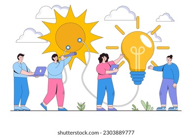 Vector illustration of alternative renewable energy sources, technological solar panels, and large light bulb is recharged from the sun with people characters.