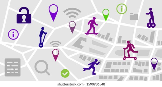 vector illustration of alternative transport devices and city map wit stations locations