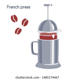 Vector illustration alternative way of brewing coffee - coffee maker French press. Modern flat glass coffee-pot with ice cubes isolated on white background for cafe, cafeteria, shop, menu design.