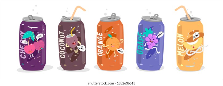 Vector illustration. Aluminum soda cans with different flavors. Cherry, coconut, orange, grape, melon. - Shutterstock ID 1852636513