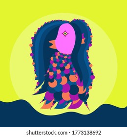 Vector illustration of Amabie the Japanese healing sea spirit believed to ward off contagious diseases depicted with long hair a beak three limbs and covered with scales from neck down