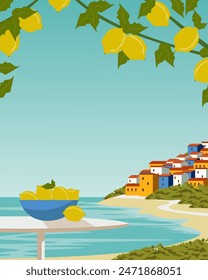 Vector illustration. Amalfi, Italy. Poster design, wall poster, banner, card, cover. Modern design. Tourism.