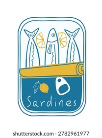 Vector illustration in the Amalfi style. A set of summer food sardine, lemon, canned fish. Vector illustration for printing on Italian-style fabrics, postcards and clothes
