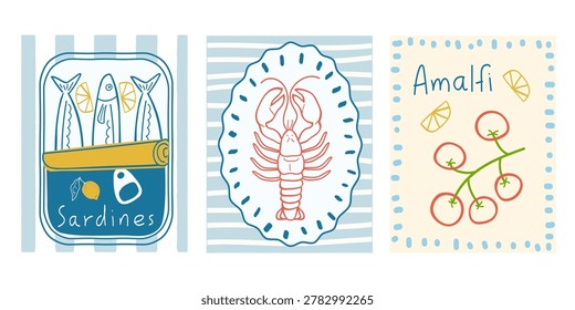 Vector illustration in the Amalfi style. Set of summer food lobster, sardine, lemon, canned fish, cherry tomatoes. Vector illustration for printing on Italian-style fabrics, postcards and clothes
