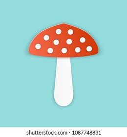 Vector illustration, amanita muscaria mushroom red with white dots in papercut style with transparent shadows isolated on blue background