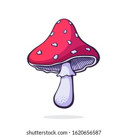 Vector illustration. Amanita mushroom with a red spotted hat. Poisonous toadstool fly agaric. Graphic design with contour. Clip-art print for packaging. Isolated on white background