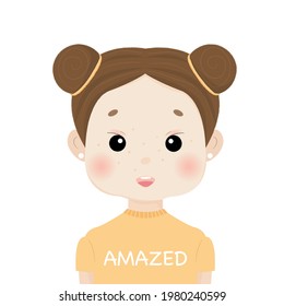 Vector illustration of amazed girl. Cute cartoon young woman with two buns and surprised beauty face.