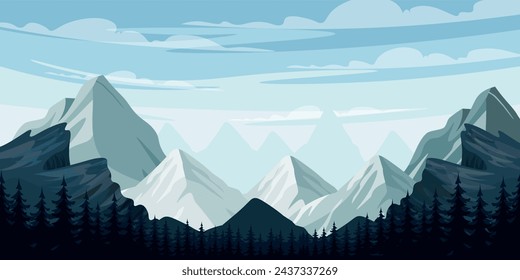 Vector illustration of an amazing mountain landscape. Cartoon scene of a beautiful landscape with high mountains, mountain sharp peaks, a Christmas tree forest, a sky with white clouds.