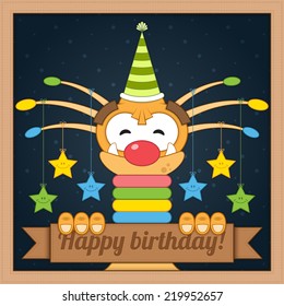 Vector illustration. Amazing orange happy cartoon monster. Best greeting card for birthday. Closeup.