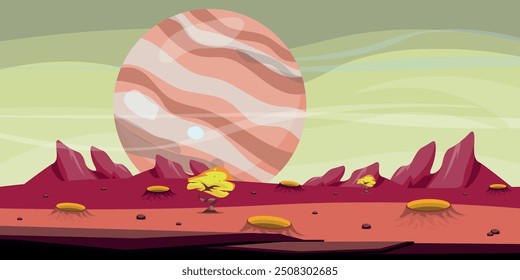 Ilustração vetorial de uma paisagem espacial incrível. Cena de desenhos animados de um espaço sideral fantástico com um planeta gigante, rochas, crateras após a queda de meteoroides, pedras, uma árvore com um tronco torcido.