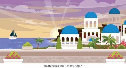 Vector illustration of the amazing summer landscape of Santorini.Cartoon scene of Santorini islands with white buildings and blue roofs, palm trees, bushes, sea, ship with sails, boats near the shore.