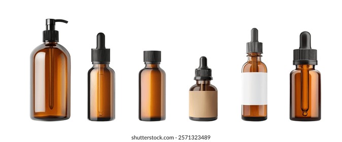 Vector illustration of amber glass bottles with various caps, including pumps and droppers, for essential oils, serums, or skincare products. Ideal for cosmetic, pharmaceutical, or packaging design