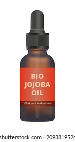 Vector illustration of an amber glass dropper bottle with bio jojoba oil used in pharmaceuticals and cosmetic products isolated on a white background. 100 % pure and natural essential oil.