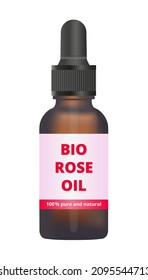 Vector illustration of amber glass dropper bottle with bio rose oil or red rose water used in pharmaceuticals and cosmetic products isolated on white background. 100 % pure and natural essential oil.