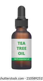 Vector illustration of an amber glass dropper bottle with tea tree oil used for the treatment of skin conditions such as acne, herpes, insect bites, etc. Essential oil isolated on a white background.
