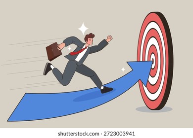 Ilustración vectorial de un ambicioso hombre de negocios corriendo en una dirección de flecha azul ascendente para golpear el centro de un objetivo de diana. Concepto de alcanzar metas, visión estratégica, velocidad y misión exitosa.